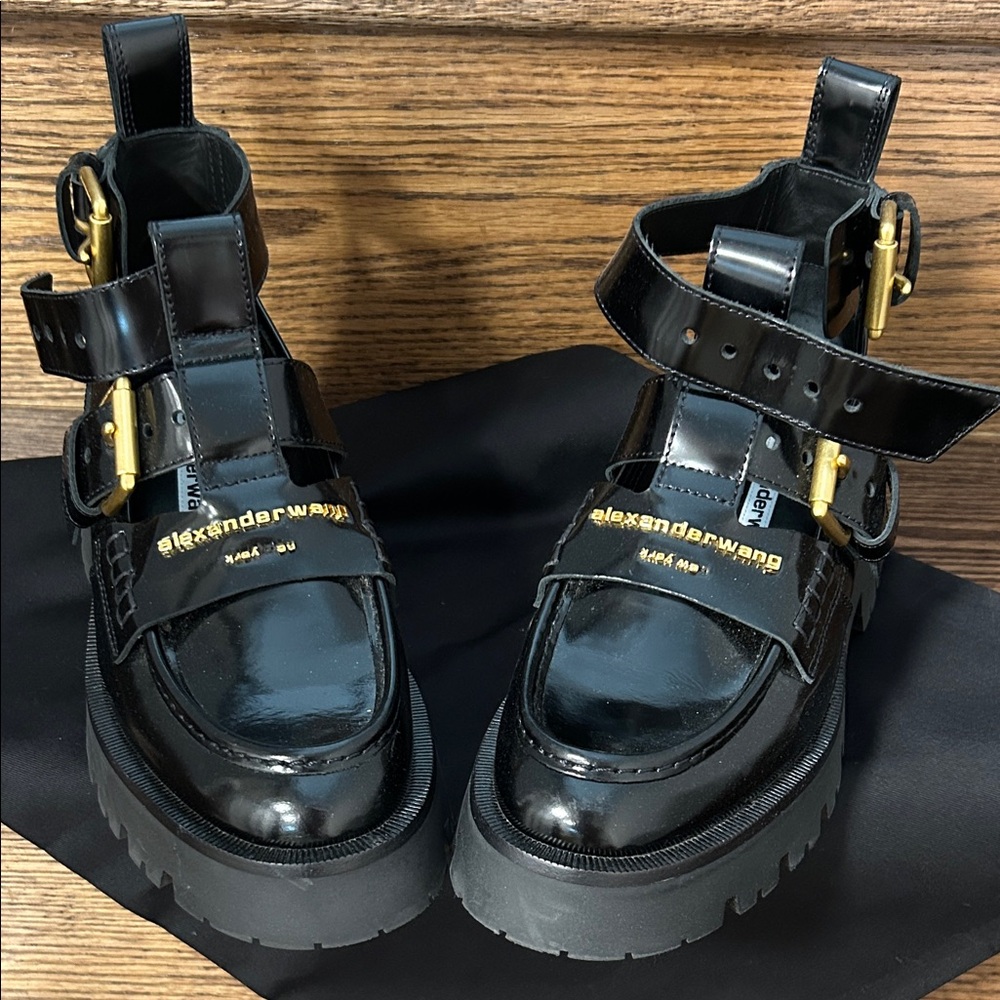 Alexander Wang Glossy Black Boots with Gold Hardware